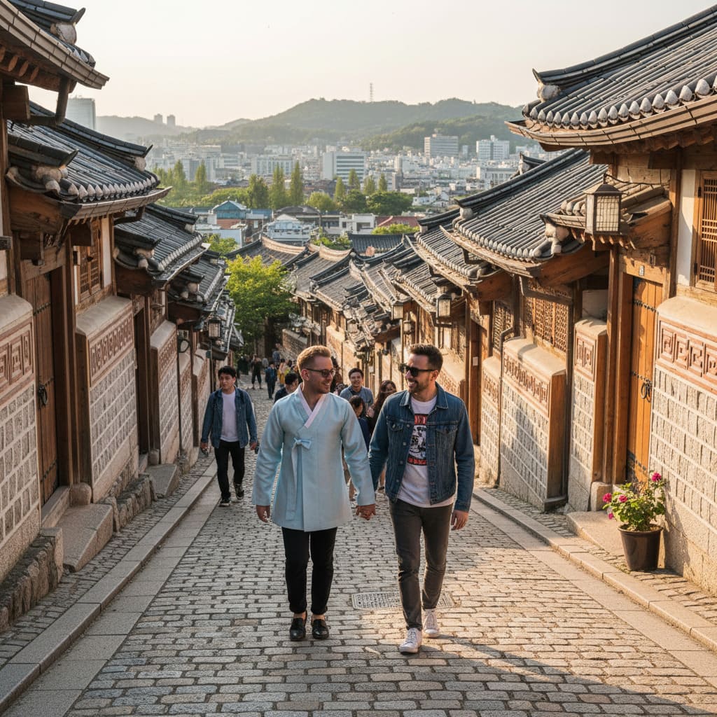 A stylish couple enjoying the vibrant nightlife in Itaewon, Seoul.